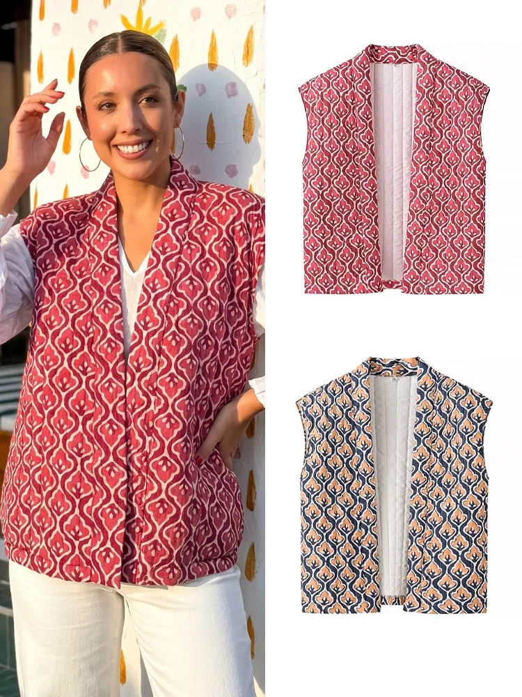 Fanan Women Vintage Red Printed Vest Cardigan Design Sleeveless Waistcoat Loose Y2K Tops Spring Autumn Casual Lady Outwear Tops