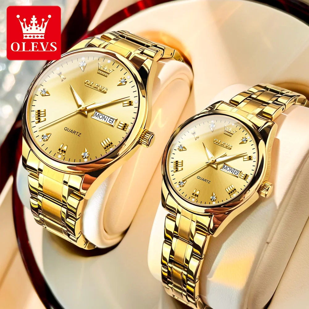 OLEVS 커플 쿼츠 시계, 럭셔리 다이아몬드 스테인레스 스틸 골드 손목시계, 패션 주간 날짜, 빛나는 연인의 시계, 새로운 브랜드
