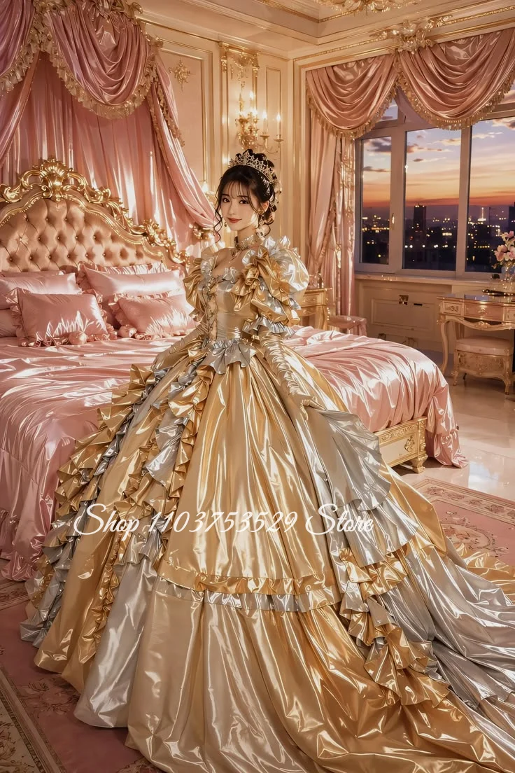 Maßgeschneidertes Gold- und Silber-Vintage-Ballkleid im viktorianischen Stil mit Schleife und Rüschen, Korsett-Abendkleid für besondere Anlässe, Geburtstagsfeierkleid
