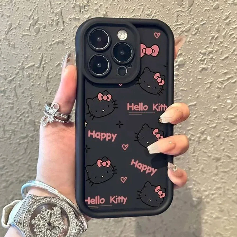 Carved Hello Kitty Phone Case for iPhone 16 15 14 Plus 13 12 Mini 11 Pro Max X Xs XR 8 7 Soft TPU Ladder Lens Protection Cover