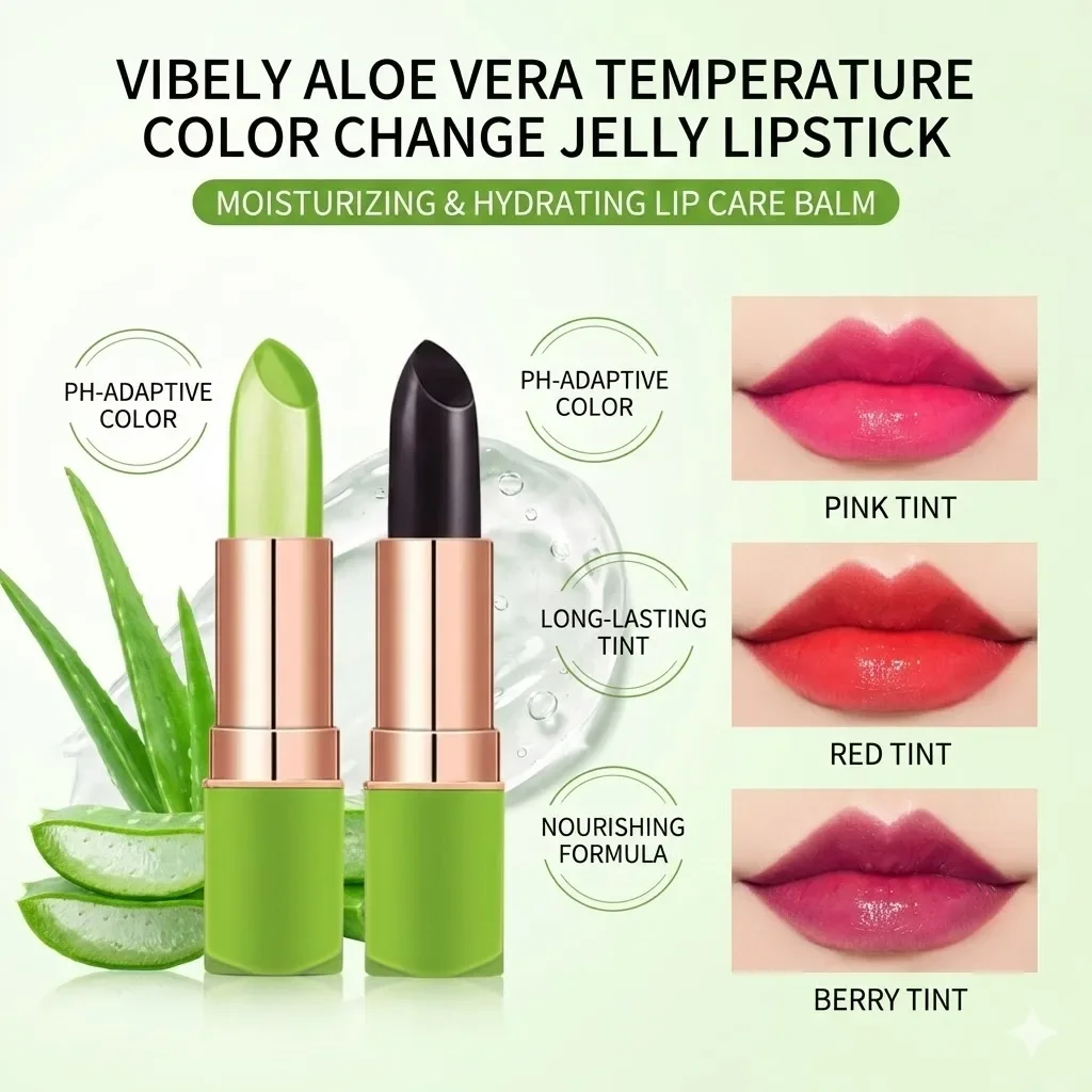 VIBELY Aloe Vera Moisturizing Lip Balm Thermochromic Jelly Lipstick Long Lasting Hydrating Lip Care Tint for Daily Use