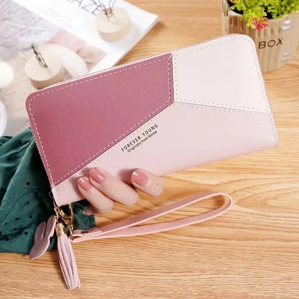 New Fashion Women's Purse Women's Long Style Color Splicing Zipper Fringe Large Capacity Wallet Mobile Phone Bag