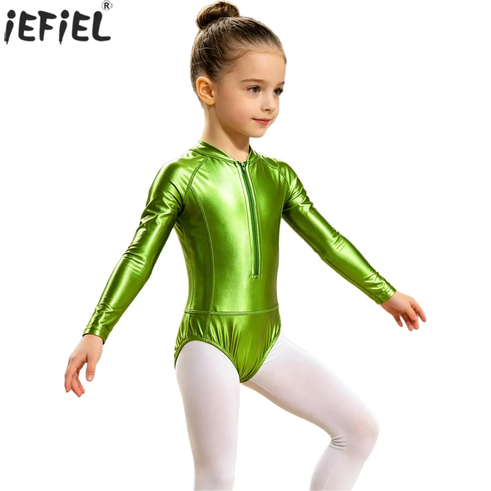 Kids Girls Metallic Ballet Gymnastics Leotard Long Sleeve Shiny Bodysuit Jazz Dance Performance Cosplay Theme Party Costume
