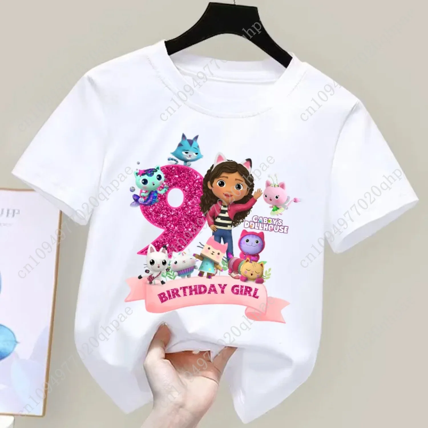 Gabbys maisons de poupée número de aniversário camiseta filles blanc rose à manches courtes camisetas hauts coton été casual