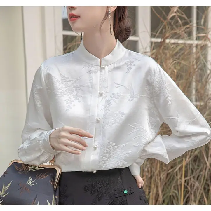 

Stand-up Collar Chinese Style Jacquard Elements Shirt Long Sleeve Spring Design Top Retro High-endYY148