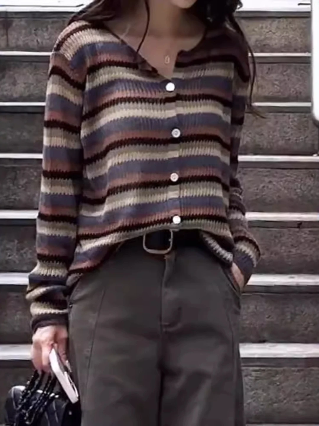 V-Ne Gebreide Trui Dames Plus Size Streep Kleur Blo Vintage Sle Lange Sve Open Vest Vrijetijdskleding Herfst Top