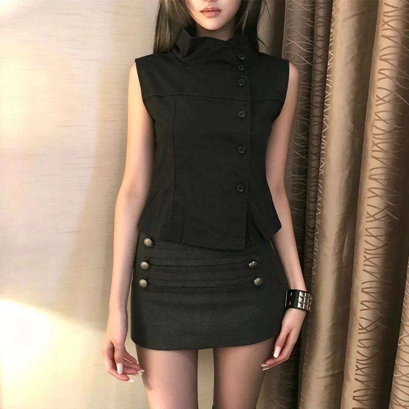 Women Y2K Sleeveless Vest Stand Collar Asymmetric Button Slim Cropped Tank Top Dark Gothic Streetwear Casual Waistcoat