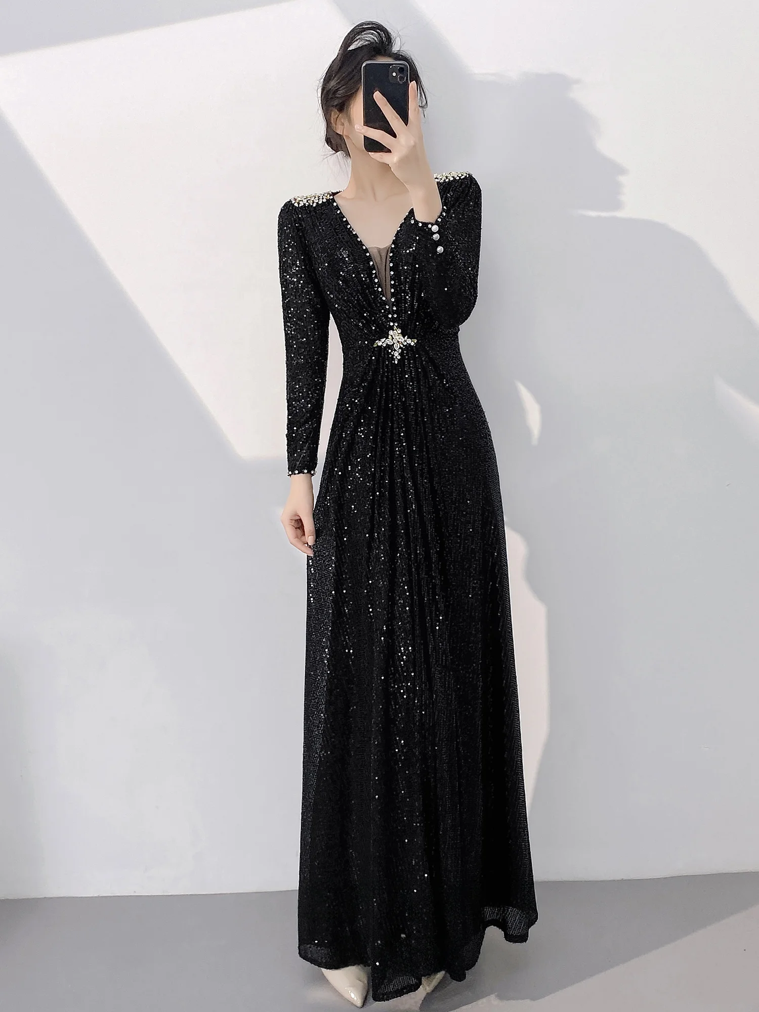 

Вечернее платье Ele Bla для женщин: приталенное, с длинным рукавом, для новогодних вечеринок и банкетов, элитная мода