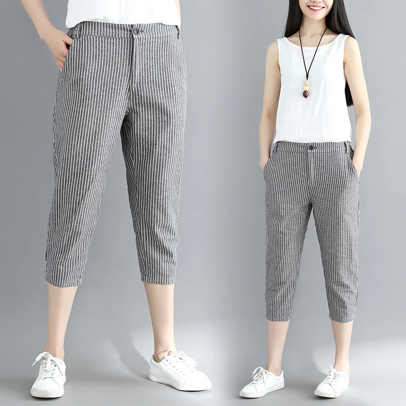 Taille haute coton lin sept pieds pantalon rayé chou Harlan pantalon asymétrique pantalons décontractés pour les femmes trajet Sle