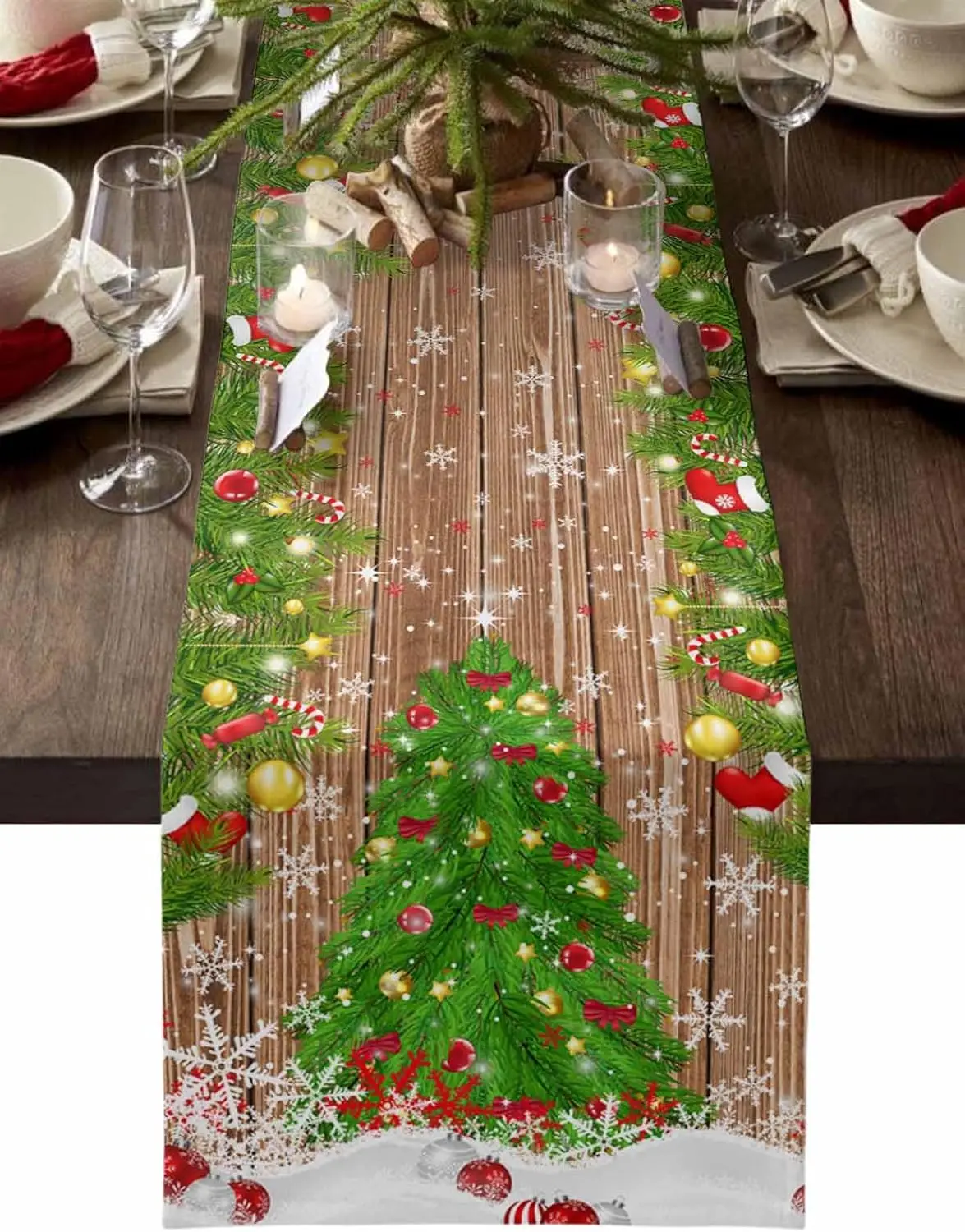 Christmas Tree Snowflakes Wood Grain Linen Table Runner Washable Winter Xmas Botanical Balls Table Runners Christmas Decorations