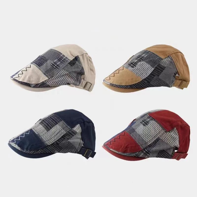 High Quality Pure Cotton Beret Men Patchwork Checkered Hat for Women Summer Fashion Retro Sunshade Protection Baseball Cap Male