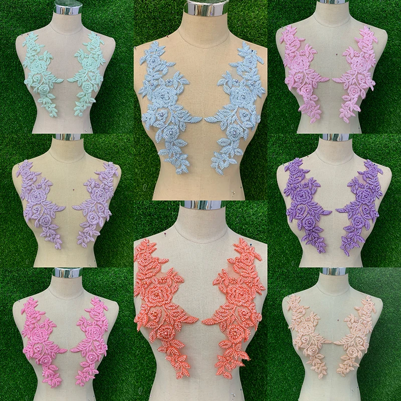 1 Pair Luxury Beaded Craft High End Flower Embroidery Sewing Lace Neckline Applique Trims 3D Venise Patches