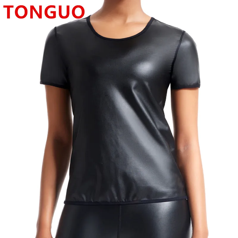 TONGGUO Women Sexy Faux Leather Shirt Lady Motorcycle Leather Shirts Black Short Sleeve Top Girl Leather Nightclub Styles Tshirt