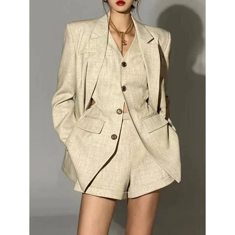 2024 Women\'s Blazer and Vest and Shorts Three Pieces Set Jacket Suits Korean Fashion Office Ladies Clothing for Spring Winter