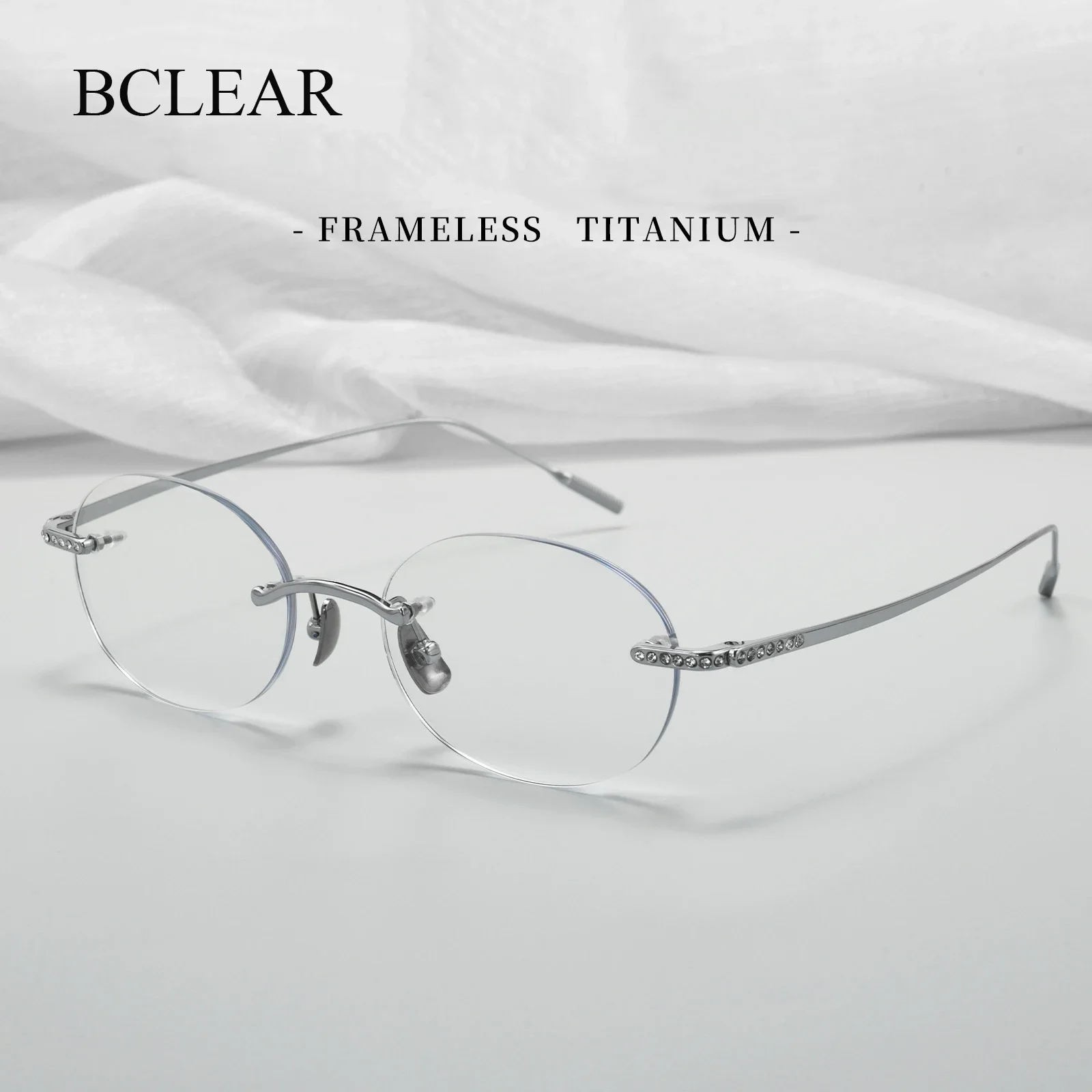 

BCLEAR Новые дизайнерские ультралегкие безрамные очки для женщин, роскошные овальные безободковые оптические очки с бриллиантовой огранкой