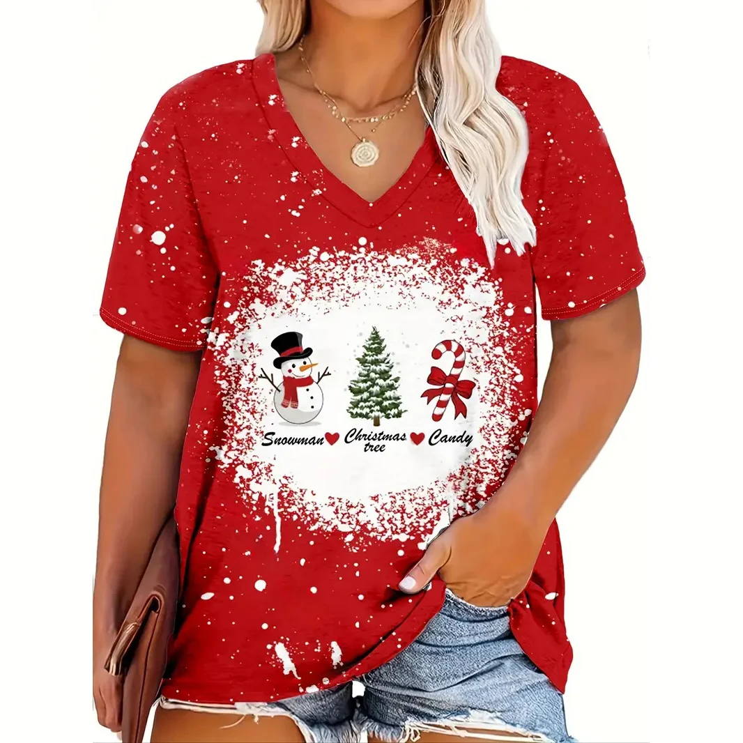 Christmas Women\'s T-Shirt Cartoon Print Street Fashion V-Neck Short-Sleeved Tee Festival Clothing Casual Female T Shirt Pullover