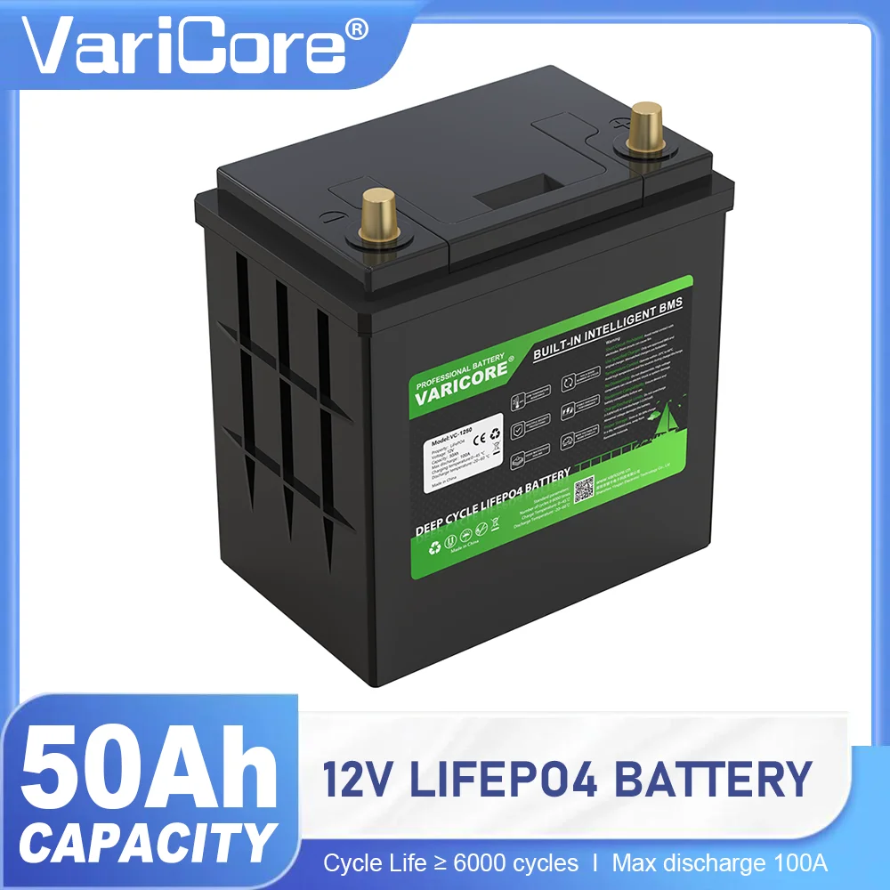 Batteria VariCore 12.8V 50AH LiFePO4 6000+ Cicli Protezione BMS al litio per carrello da golf RV Carica solare 110V/220V 14.6V 10A Caricatore