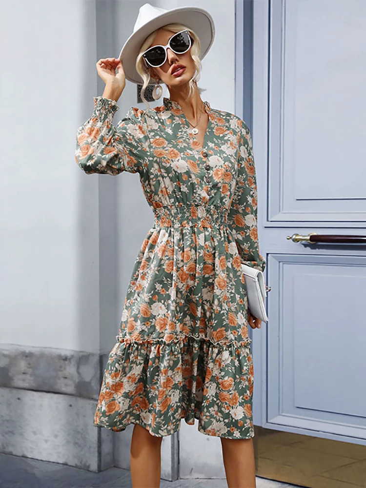 

JIM & NORA Women Spring Autumn V NeckHigh Waist Floral Long Sleeve Print Dress For Ladies Elegant Long Dresses Fashion Vestidos