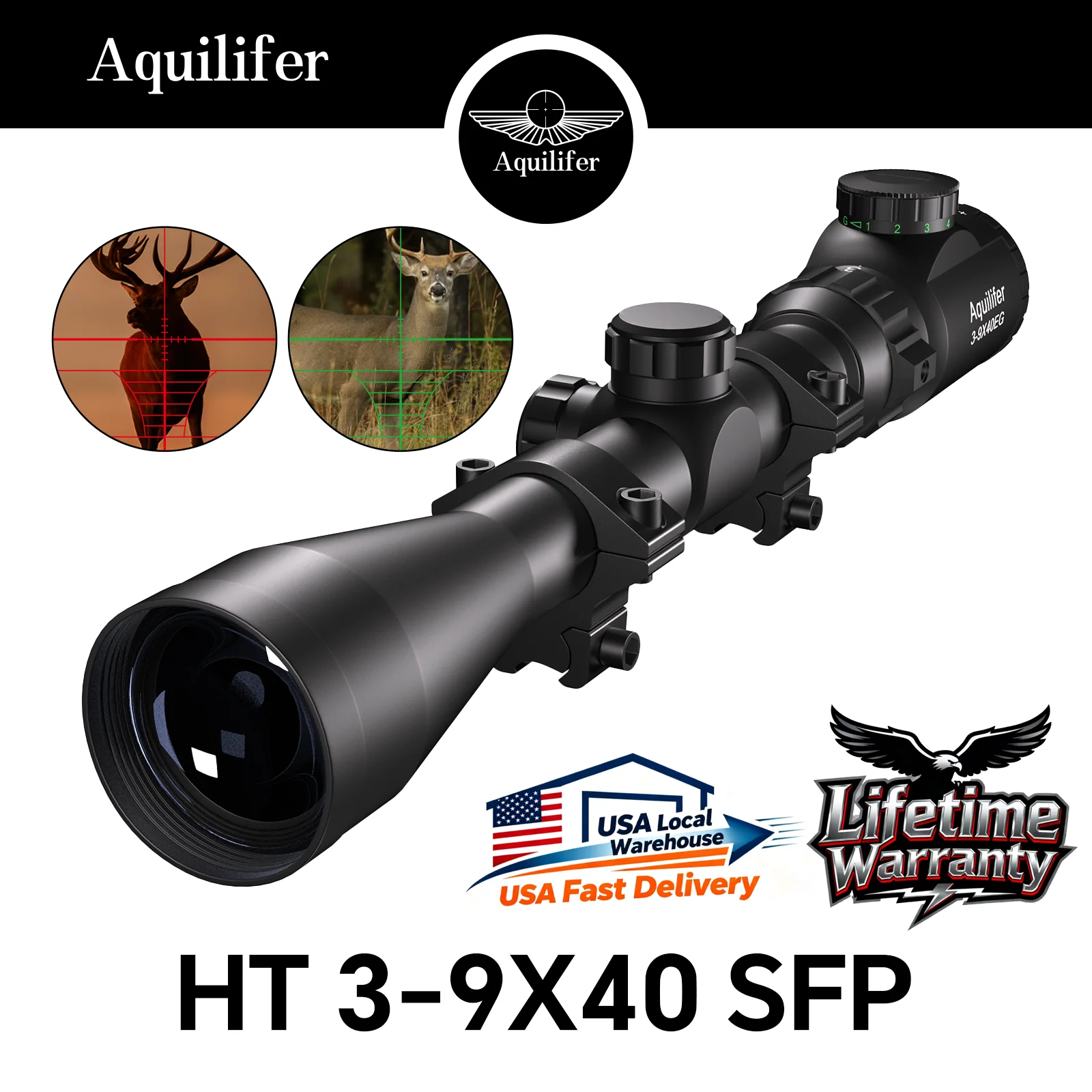 

Оптический прицел Aquilifer HT 3-9x40 SFP для охоты на оленей, 95% FMC ED стекло, авиационный алюминий, с бесплатными кольцами для крепления, пожизненная гарантия