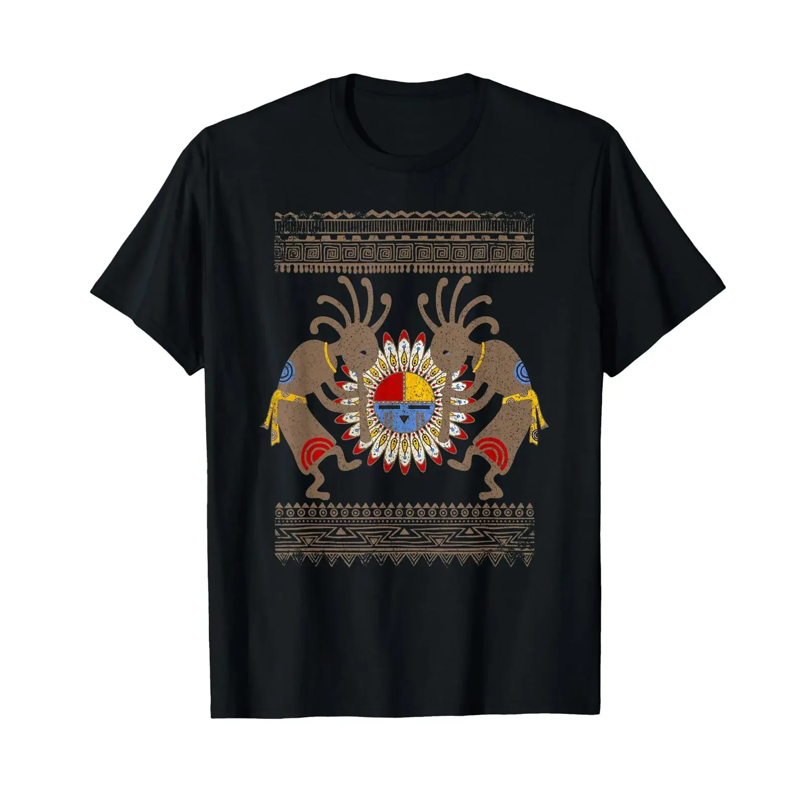 T Shirt Indian Kachina Kokopelli Musicans 2 Ethnic black vintage Washed Casual graphic Comfortable Stretched Stylish Slightly