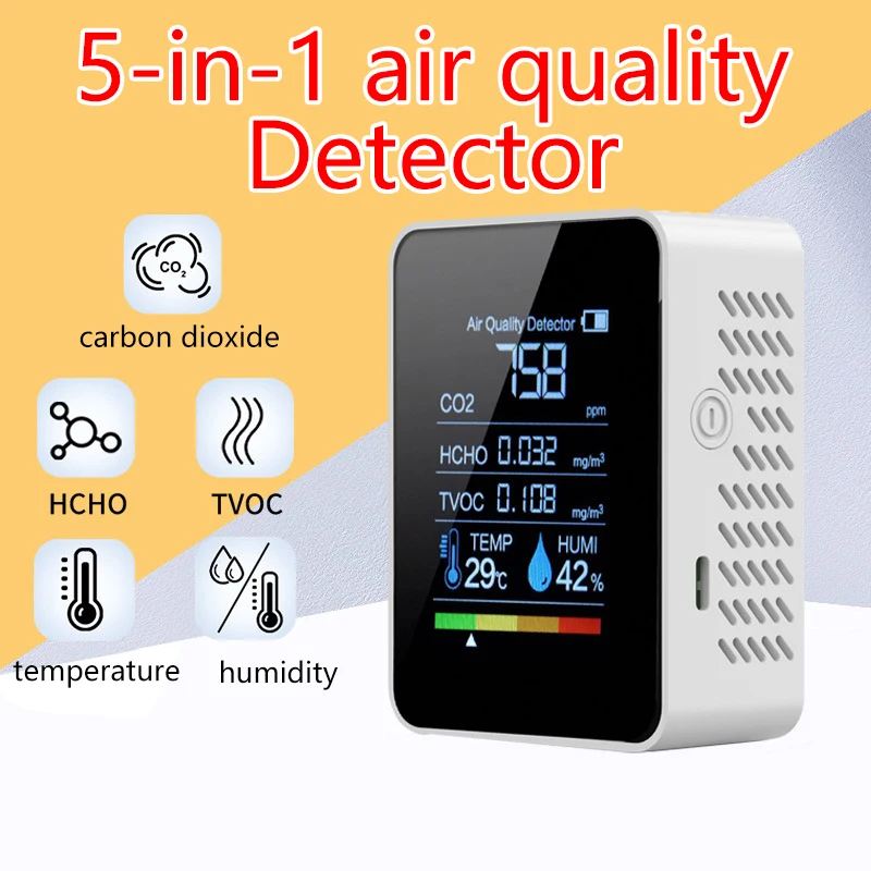 Multifunctional 5in1 CO2 Meter Digital Temperature Humidity Tester Carbon Dioxide TVOC HCHO Detector Air Quality Monitor