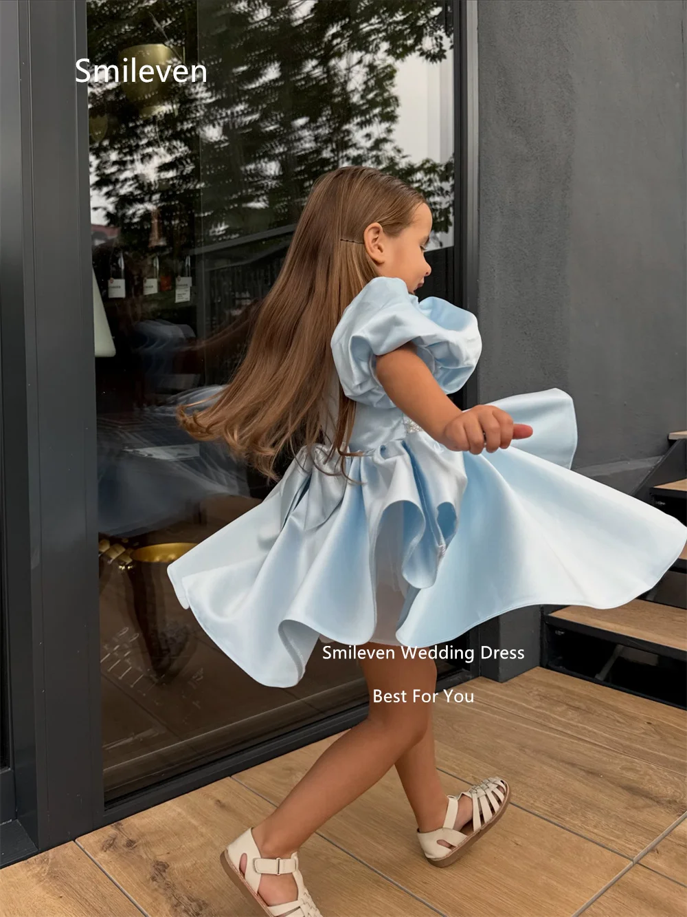 Smileven Blue A‑Line Girl Flower Dresses Round Neck Puff Sleeve Communion Party Dress Pearl Waist Back Bow Gowns Customized 2026