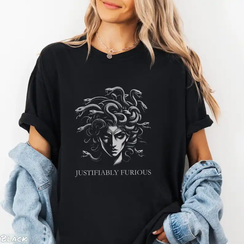 Justifiably Furious Medusa T-Shirt, Bold Greek Mythology Tee for Feminist Rage, Retro Style Empowerment Gift for Warrior Women