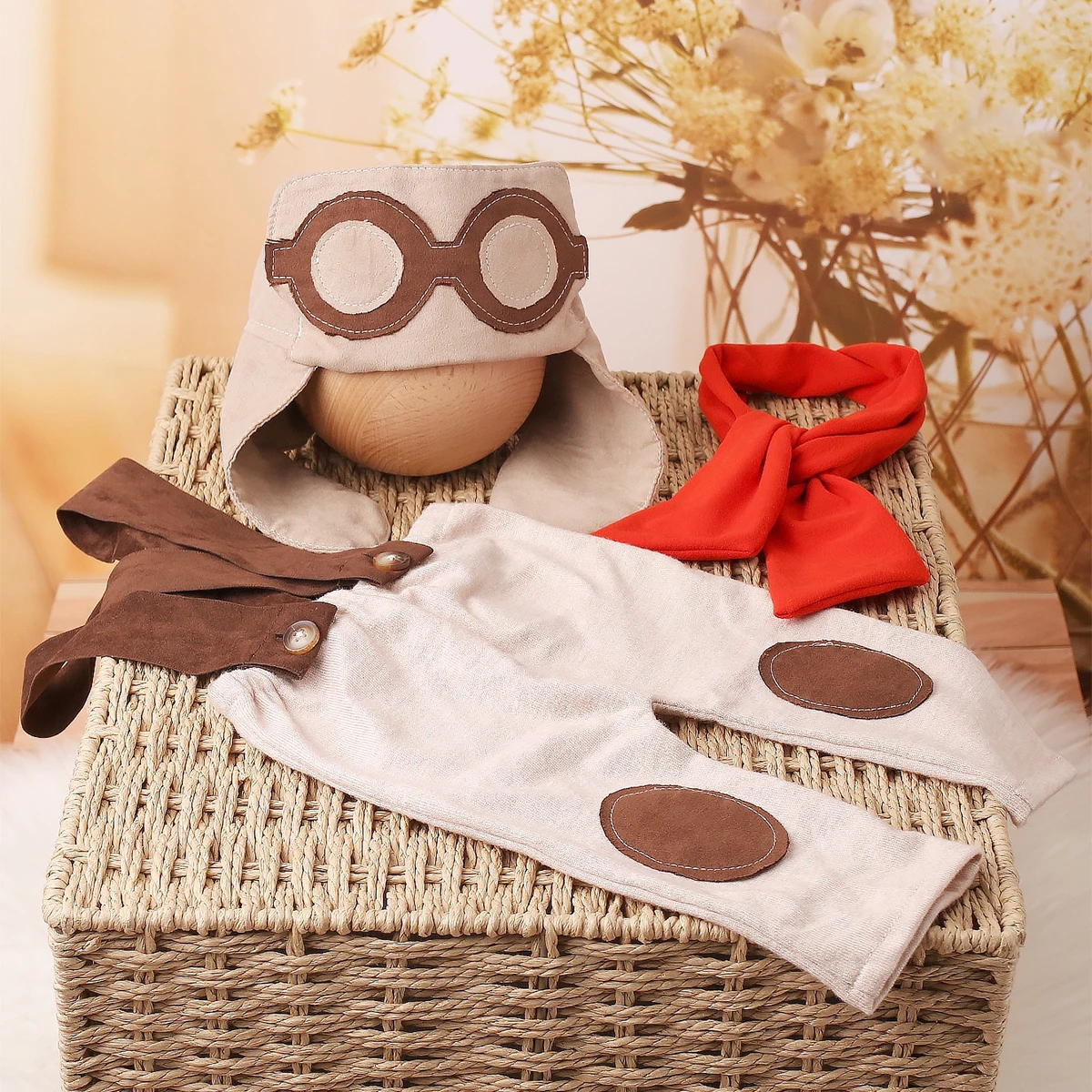 Ylsteed 3 Pieces Set Newborn Boy Photography Outfit Infant Photo Props Shooting Overalls Aviator Glasses Cap with Red Scarf