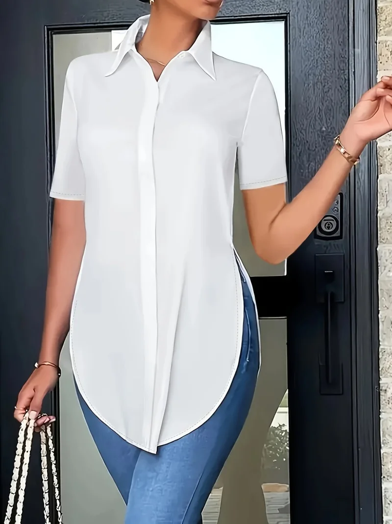 Plus Size Women Office Lady White Shirt Button Lapel Collar Side Split Basic Blouses Elegante