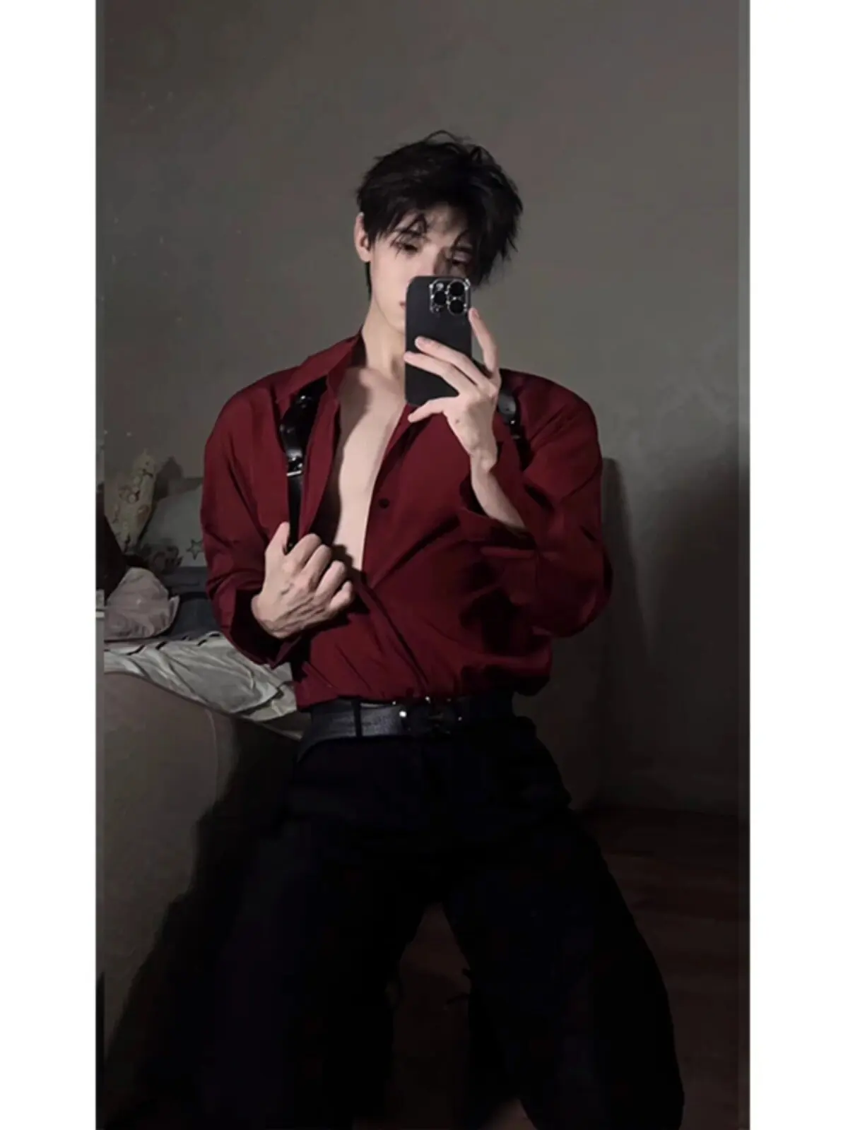 Wine Red Long Sleeve Men's Shirt Drapey Thin Anti-Wrinkle Casual Style Loose Fit Autumn Wear Daily Youth Fashion Pure Color
