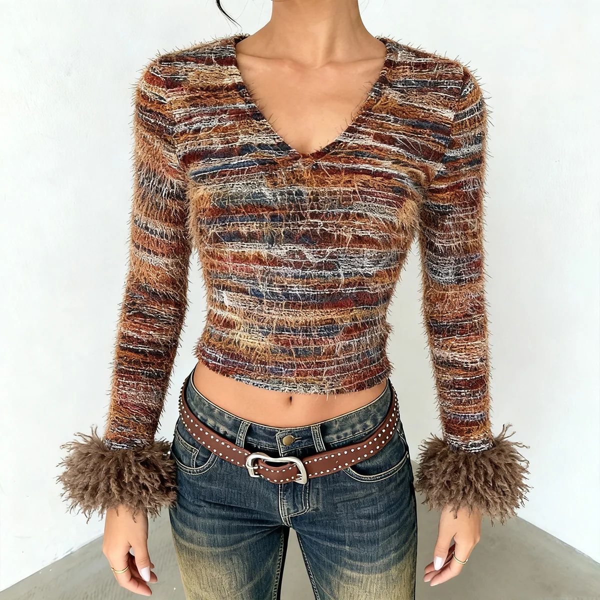 Novidade outono/inverno mais vendida: top de malha listrado vintage multi-coló slim fit recortado com decote em V