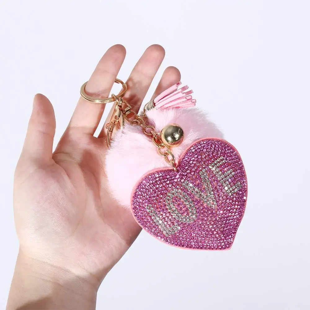 Dekorasi untuk tas wanita Aksesori Interior tas liontin gantungan kunci berlian buatan hati gantungan kunci Pompom