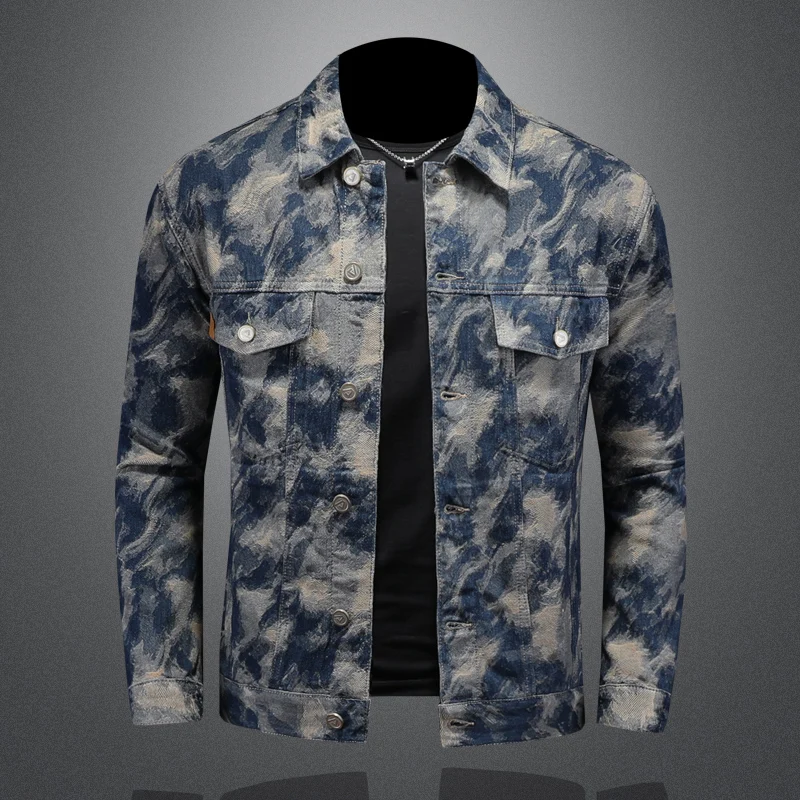 2025 Spring Vintage Denim Jacket for Men Fashion Jacquard Cowboy Casual Business Jackets Street Wear Social Hip Hop Coats