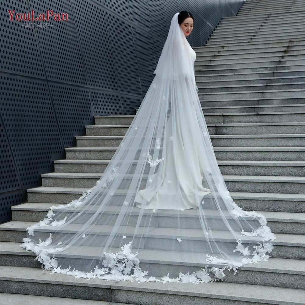 YouLaPan Bridal Veils Flowers Catherdral Long Veil Wedding Lace Veil with 3D Flowers 2 Tier Long Wedding Veils with Comb V150