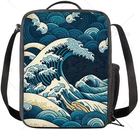 Japanese Big Wave Art Lunch Bag for Women Men Cooler Tote Lunch Box Reusable Insulated Food Container Portable Bag for Outdoor