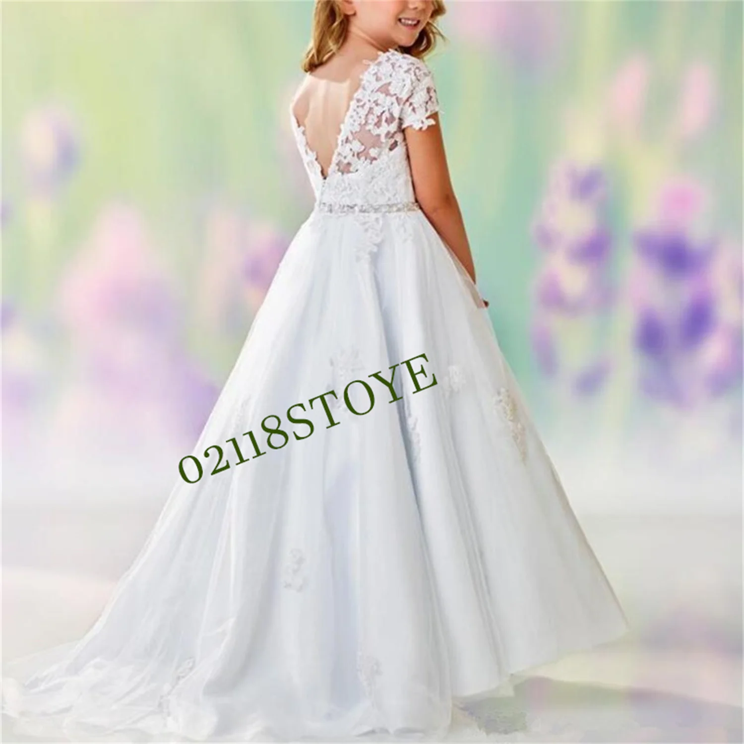 

White A-line Appliques Lace Cap Sleeve Flower Girl Dresses Beaded Waistline Fit Wedding Party First Communion Gown