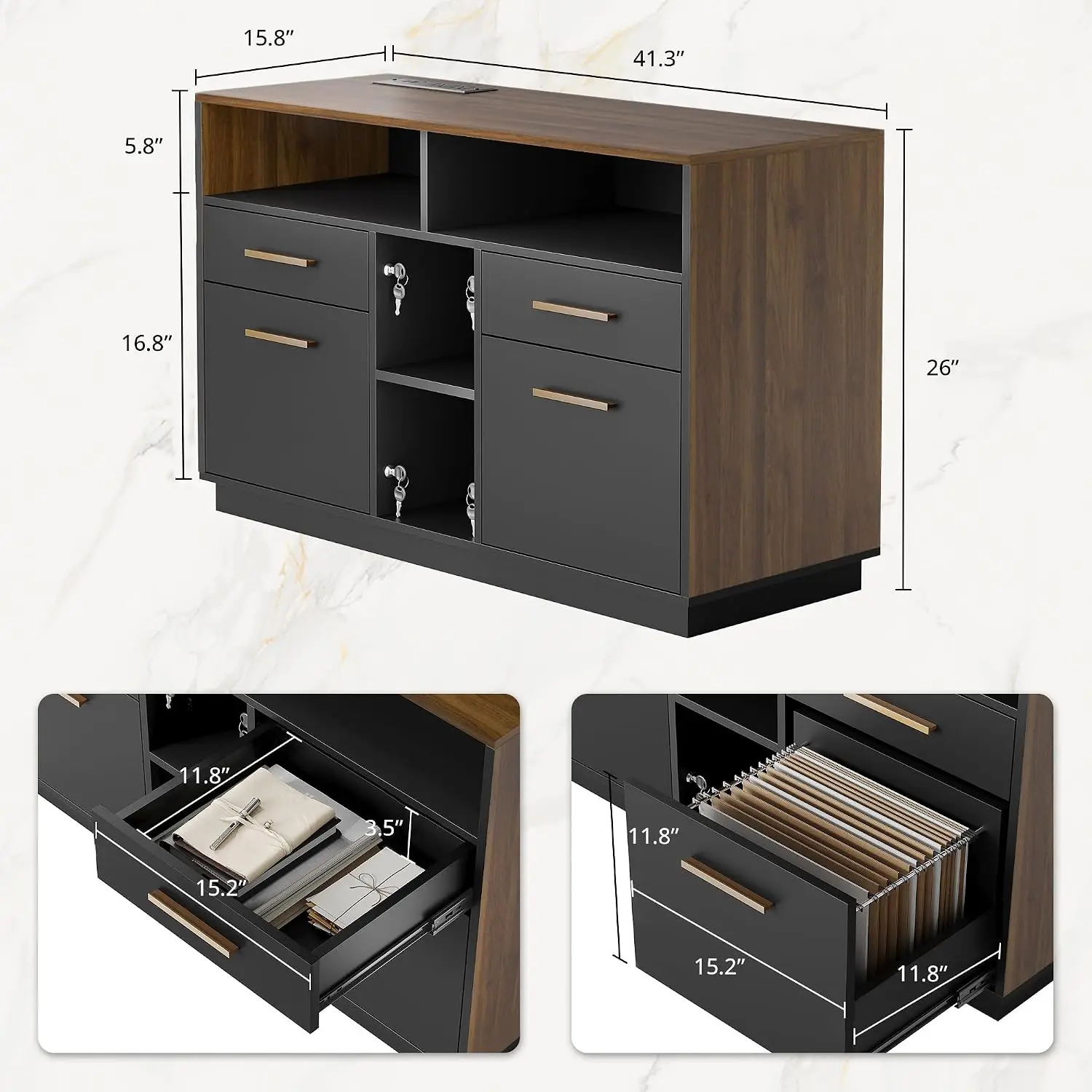 4 Drawer File Cabinet with Lock, Filing Cabinet for Home Office | Office Credenza with File Drawers, Fits A4/Letter Size, Printe