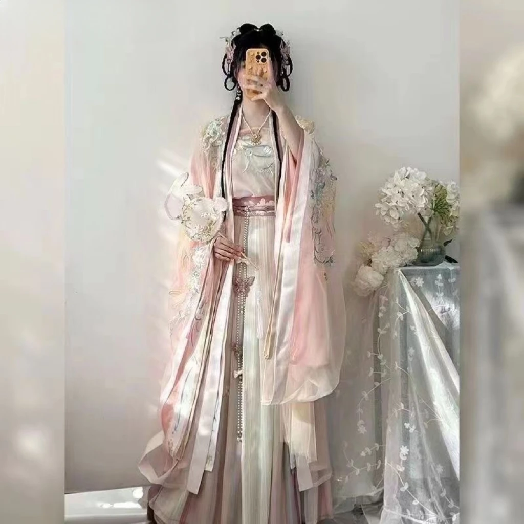 

Pink blue Hanfu Chinese traditional style women's clothing with Embroidery and Gradient Colors summer tang dynasty dress