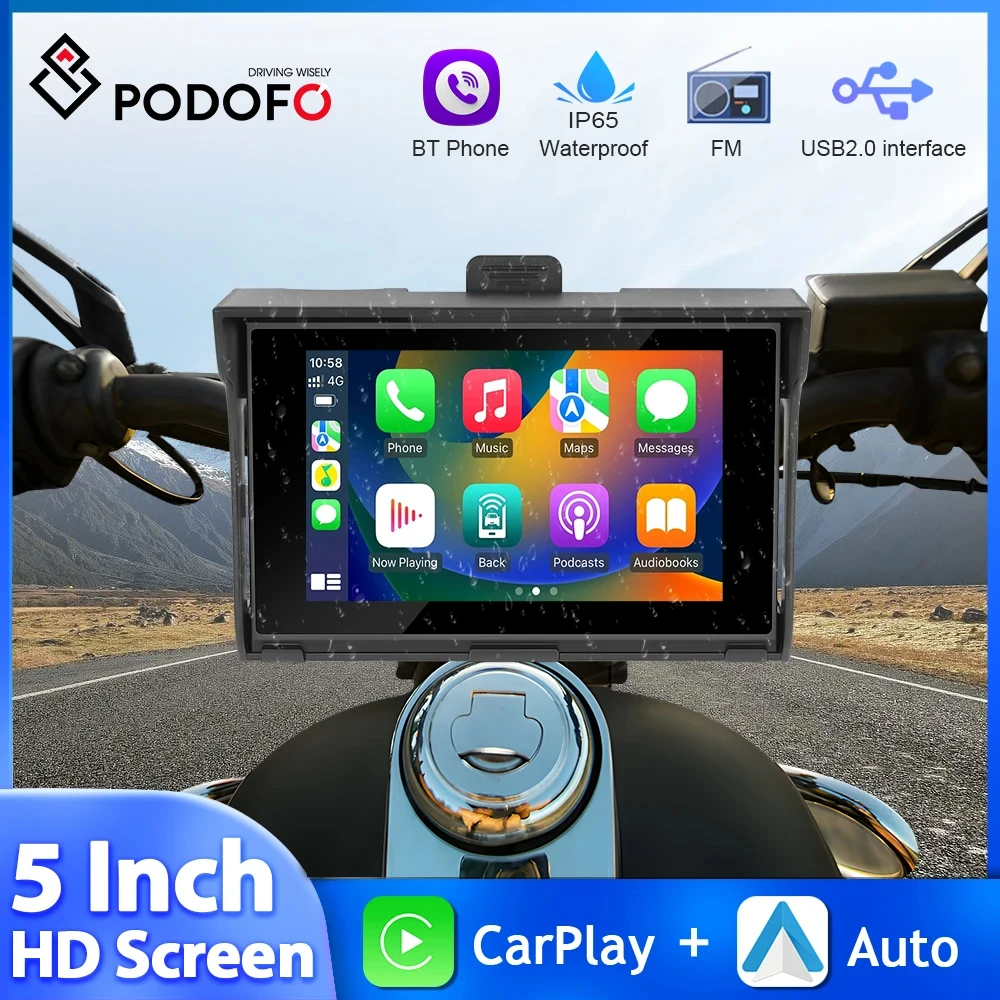 

Podofo 5'' Motorcycle Carplay Portable Motorcycle Monitor Wireless Carplay Android Auto IP65 Waterproof GPS Navigation Player