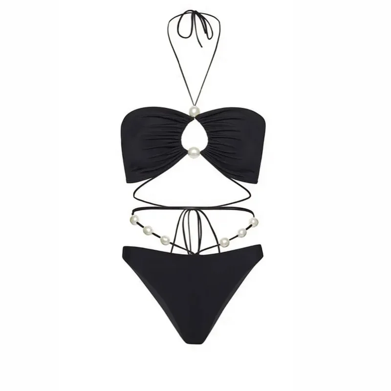 Conjunto de Bikini Sexy para mujer, traje de baño con perlas y cuello Halter, Espalda descubierta, traje de baño con cordones, novedad de 2025, Bikini, ropa de playa de 3 piezas
