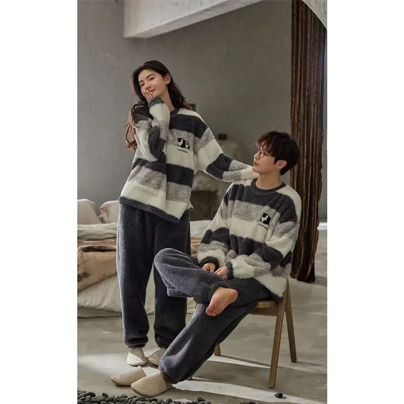 Striped Fleece Couple Pajamas with Fleece Thickened Fall Winter Coral Fleece for Men and Women Can Be Worn Outside Loose Comfort