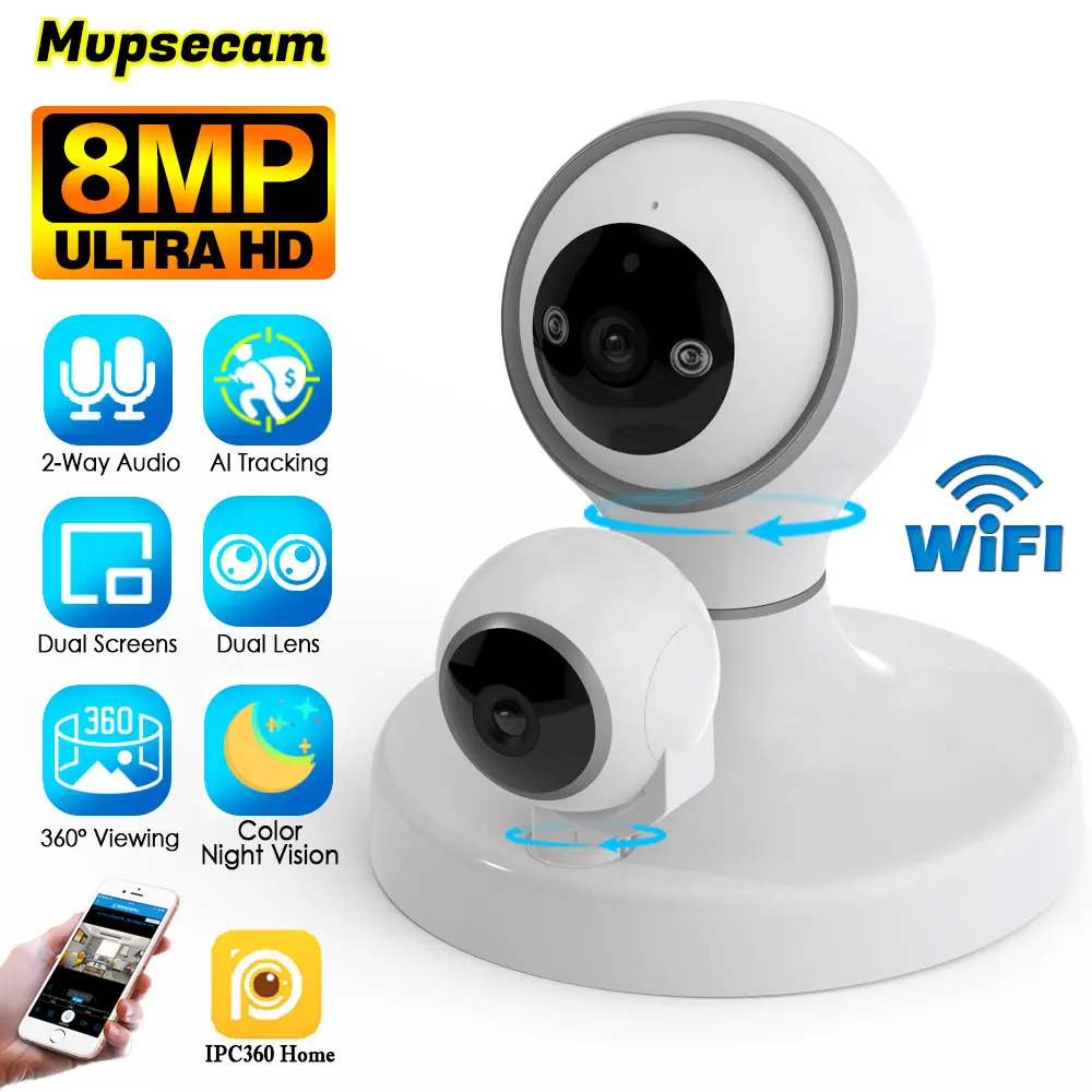 Caméra de surveillance WiFi intelligente sans fil, caméras IP CCTV, caméra de sécurité vidéo HD, moniteur PTZ domestique intérieur, Type-C, objectif touristique, 8MP, 4K, 360 °