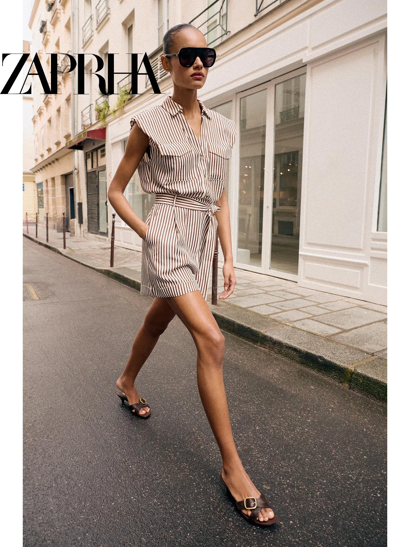 

Summer 2026 Retro Workwear Style Sleeveless Collared Belted Stripe Short One-Piece Overalls for Women mid Waist Short Length