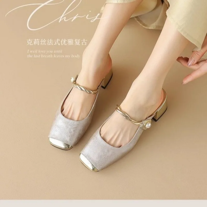 2024 Summer New Fashion Square Head Baotou Slippers Solid Color Light Mouth Comfortable and Minimalist High Heel Single Shoes