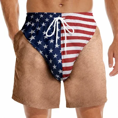 2026 new summer shorts, personalized and interesting men's 3D patriotic print loose beach pants, vacation casual pants