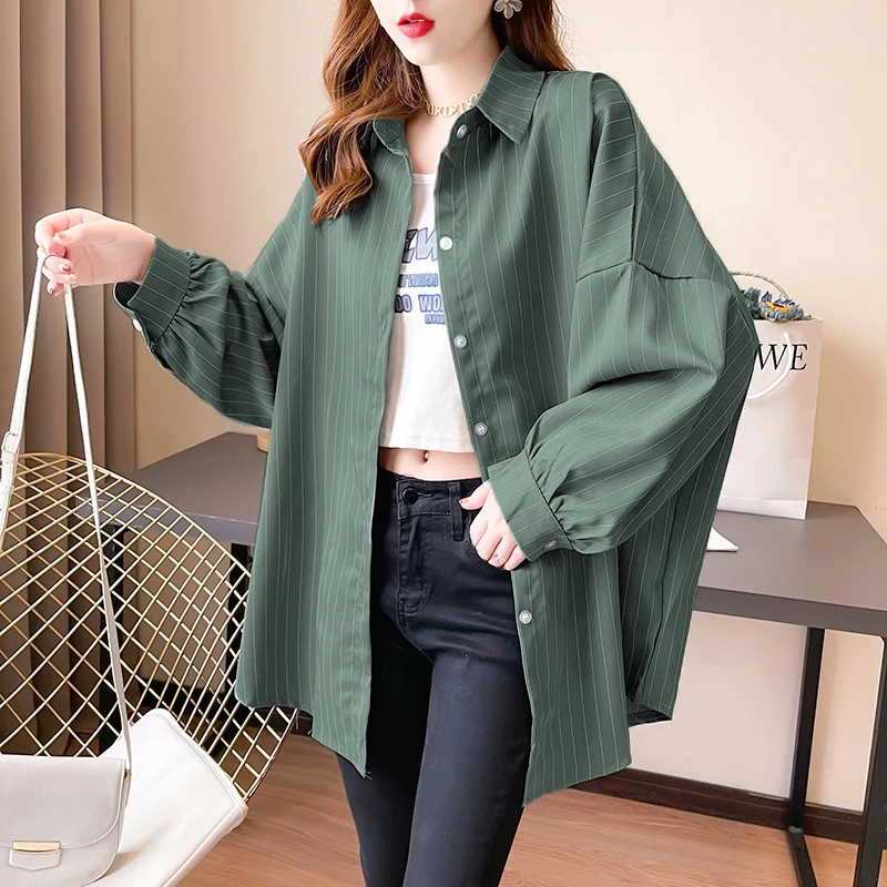 

EBAIHUI Autumn Winter Solid Color Striped Shirt 2024 New Korean Loose Fitting Women Blouse Versatile Long Sleeved Polo Neck Top