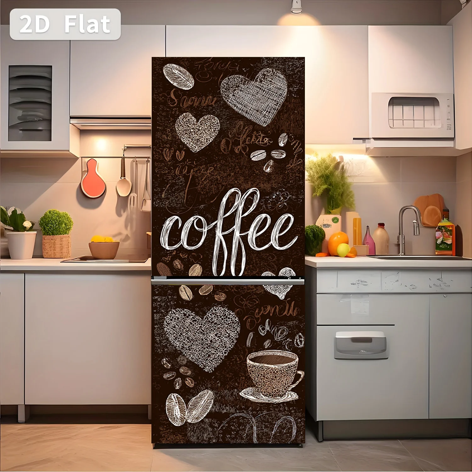Self-Adhesive Fridge & Wall Sticker Compatible for Cabinets - Matte Modern Kitchen Decal with Coffee Bean & Heart Design, Peel