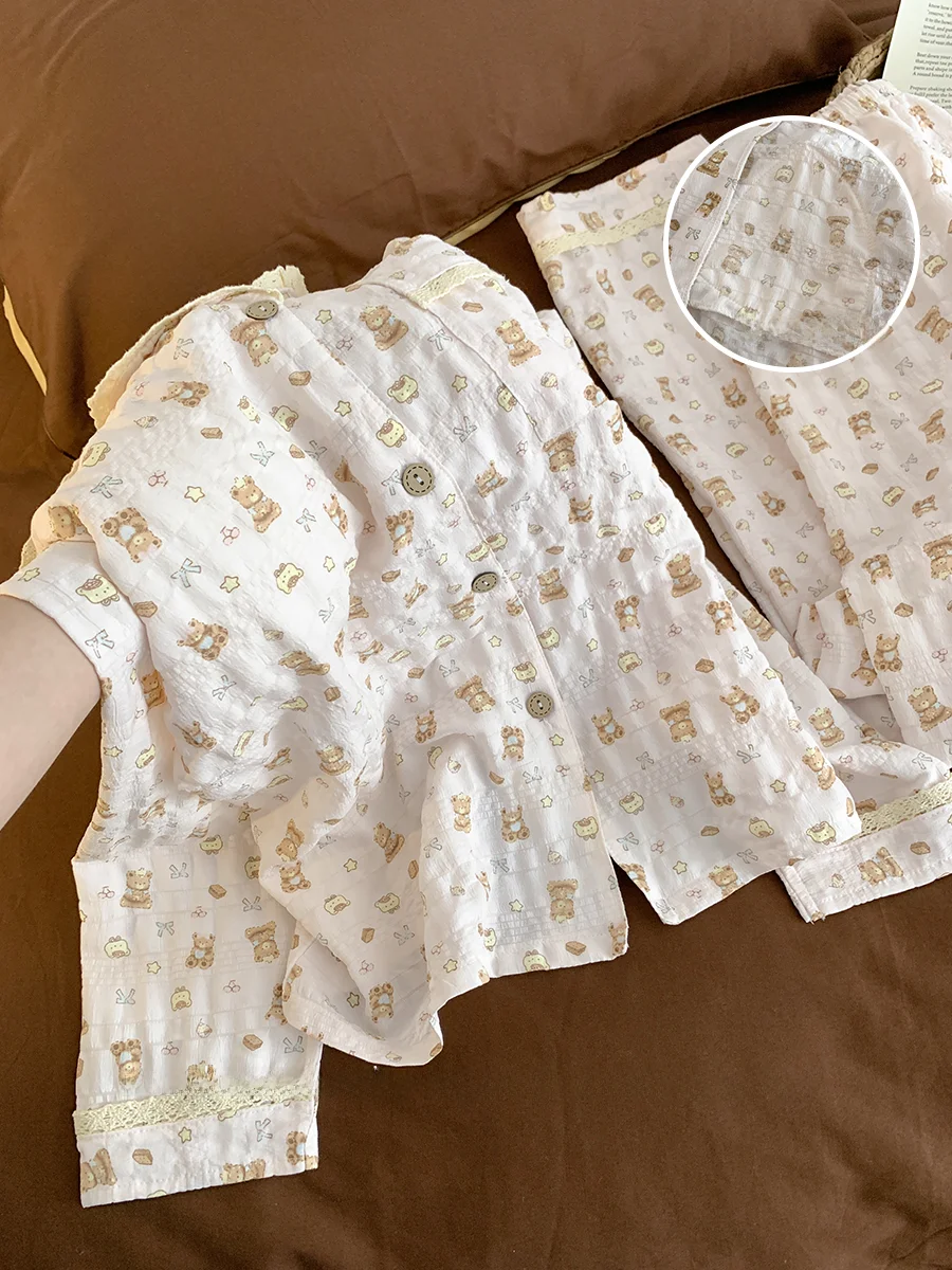 

Sweet Sle Lace Bear Cloud Cotton Strap Women's Spwear Home Clothes Cool Feeling Ultra Soft Long Sve Long Pants Pajamas