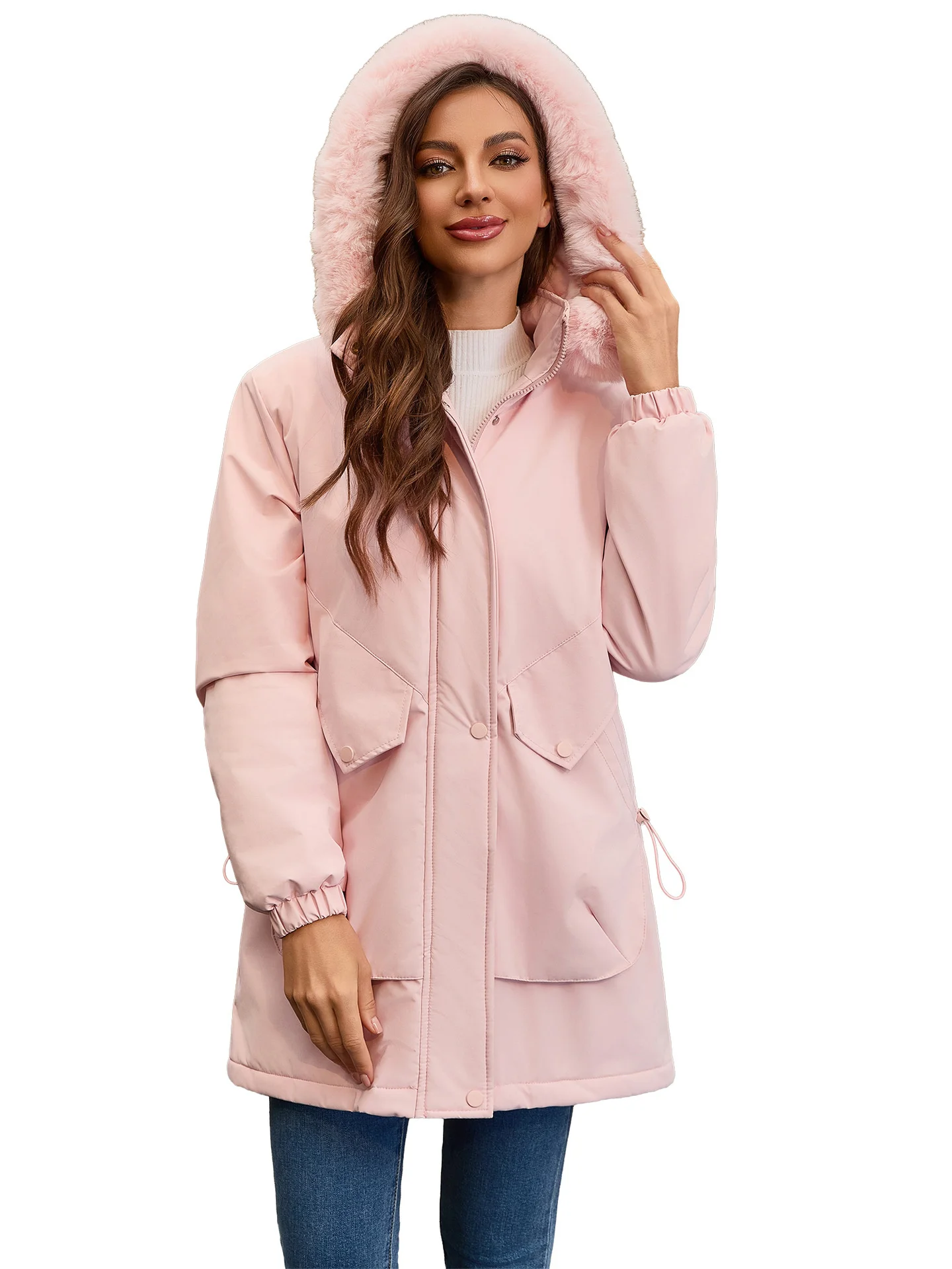 

Parkas Outdoor Womens Winter Fur-Collar Splice Thick Cinched Round Neck Hem Skin-Friendly Durable Feminine Double-Pocket Elastic