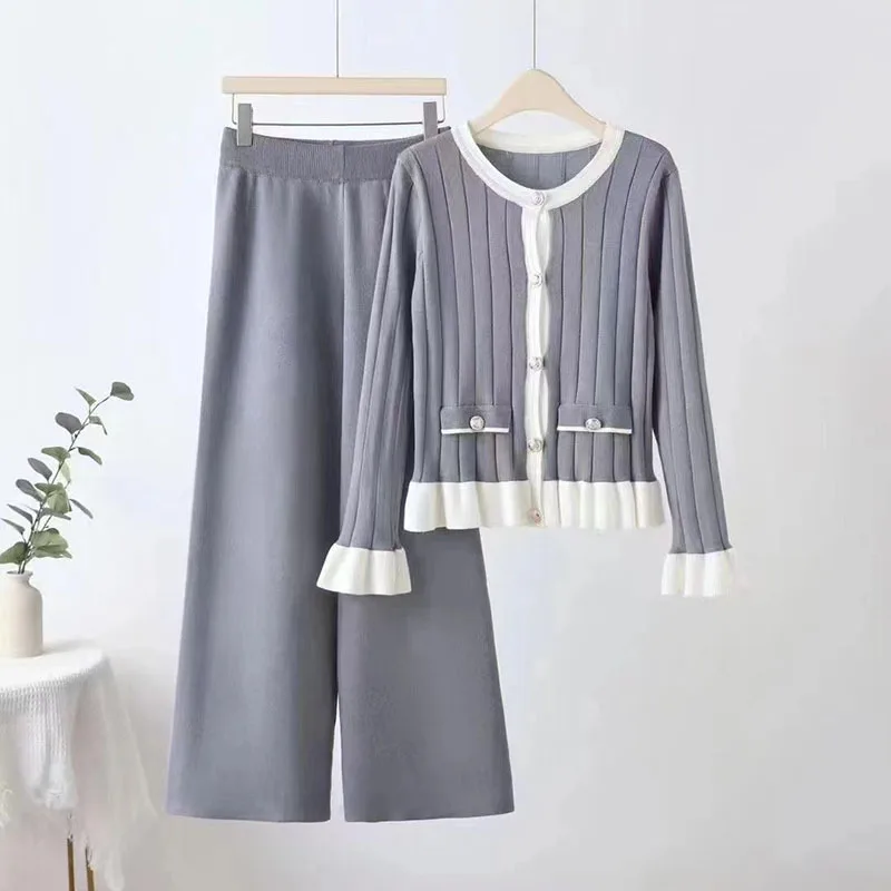 2024 New Casual Knitted Suit Simple O-Neck Long Sleeve Straight Cardigan+High Waist Wide Leg Pant 2 Pieces Set